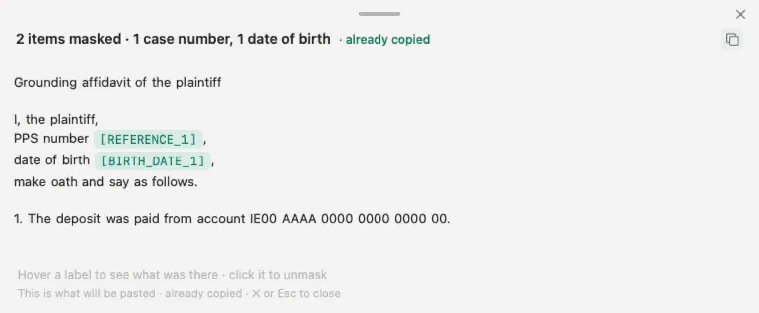 Special category data under GDPR kept in the firm: an invented Irish court document with the PPS number and date of birth replaced by markers before it reaches an AI tool
