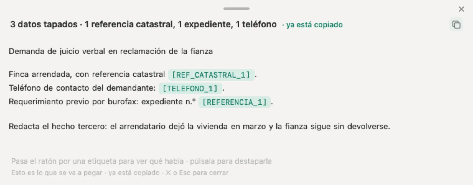 Datos de categoría especial del RGPD en un despacho: una demanda inventada con la referencia catastral, el teléfono y el expediente sustituidos antes de pegarla en la IA