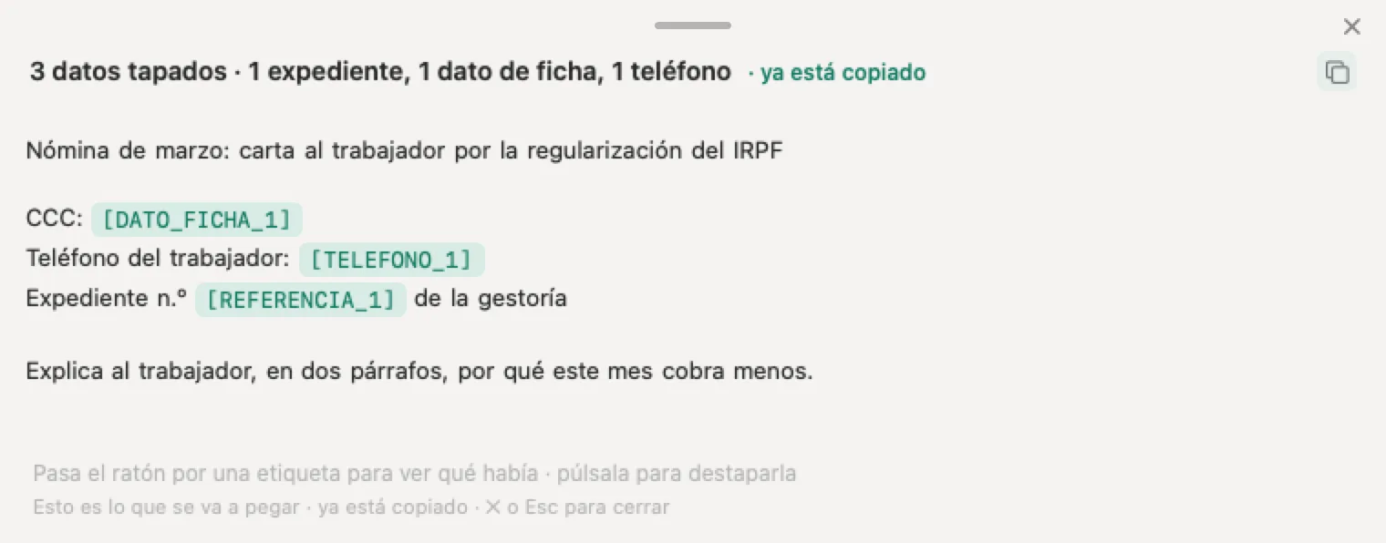 Datos de categoría especial del RGPD en una asesoría: una carta de nómina inventada con el código de cotización, el teléfono y el expediente tapados con Nonimo
