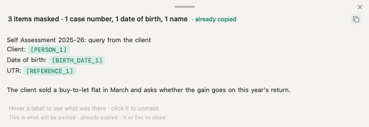AI for accountants with Nonimo: a made-up Self Assessment query where the client, the date of birth and the UTR have become placeholders