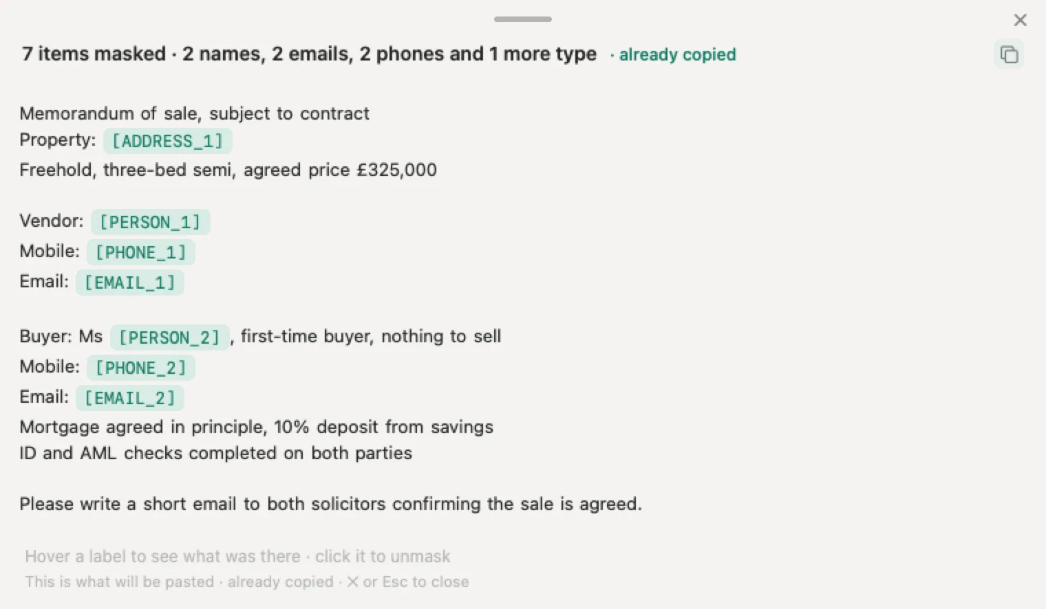 AI for estate agents with Nonimo: a made-up memorandum of sale in which the property, vendor, buyer, mobiles and emails are placeholders, while price, tenure and the buyer's position stay readable