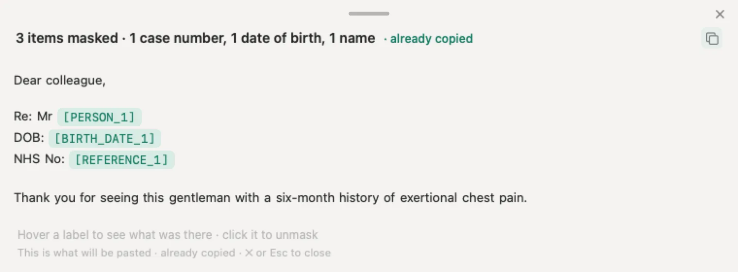 AI for GP practices with Nonimo: a made-up referral letter in which the patient's name, birth date and NHS number are now tags