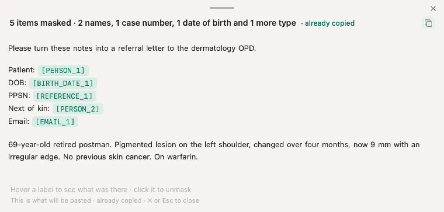 AI tools for GP practices in Ireland with Nonimo: invented referral notes in which the patient, date of birth, PPS number, next of kin and email are markers, while the clinical notes stay readable