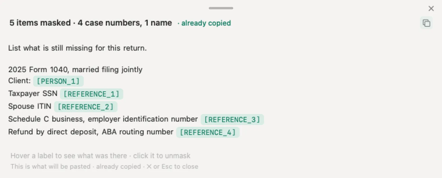 The AICPA client confidentiality rule in practice: Nonimo masking the client's name, SSN, ITIN, EIN and routing number in a CPA firm's prep notes ahead of the paste into ChatGPT