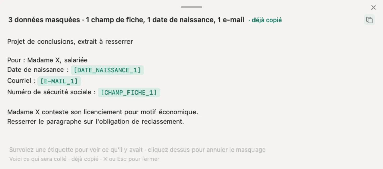 Contre la violation du secret professionnel de l'avocat : un extrait de conclusions dans Nonimo, date de naissance, courriel et numéro de sécurité sociale remplacés par des étiquettes