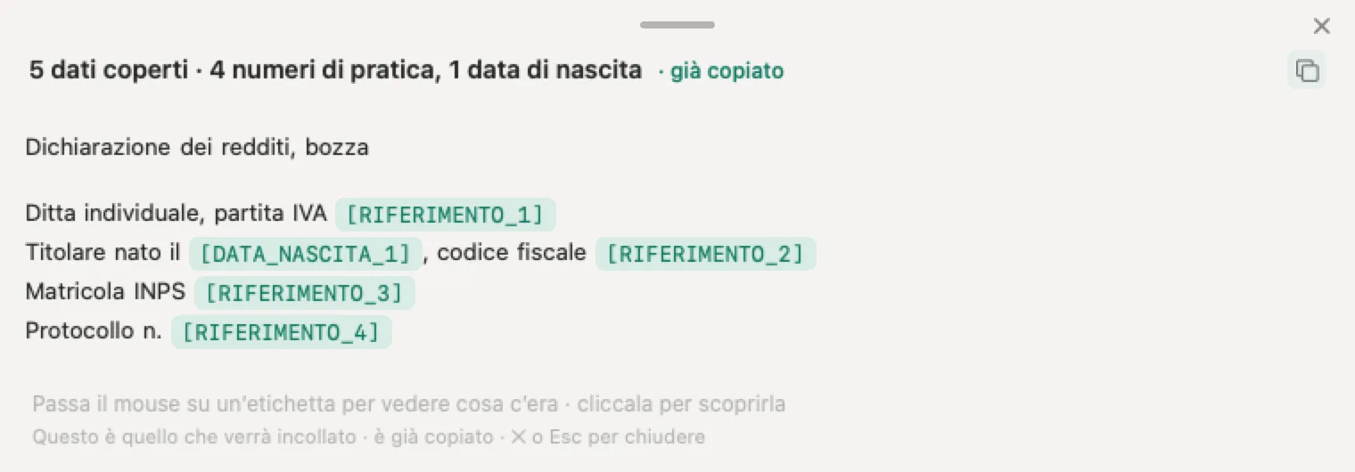 Intelligenza artificiale per i commercialisti con Nonimo: in una bozza di dichiarazione inventata la partita IVA, il codice fiscale e la matricola INPS sostituiti da etichette