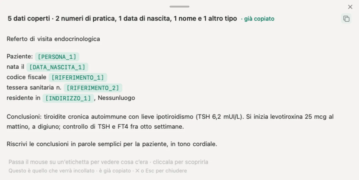 IA per medici con Nonimo: un referto endocrinologico inventato in cui nome, data di nascita, codice fiscale, tessera sanitaria e via della paziente portano etichette, mentre conclusioni e terapia restano leggibili