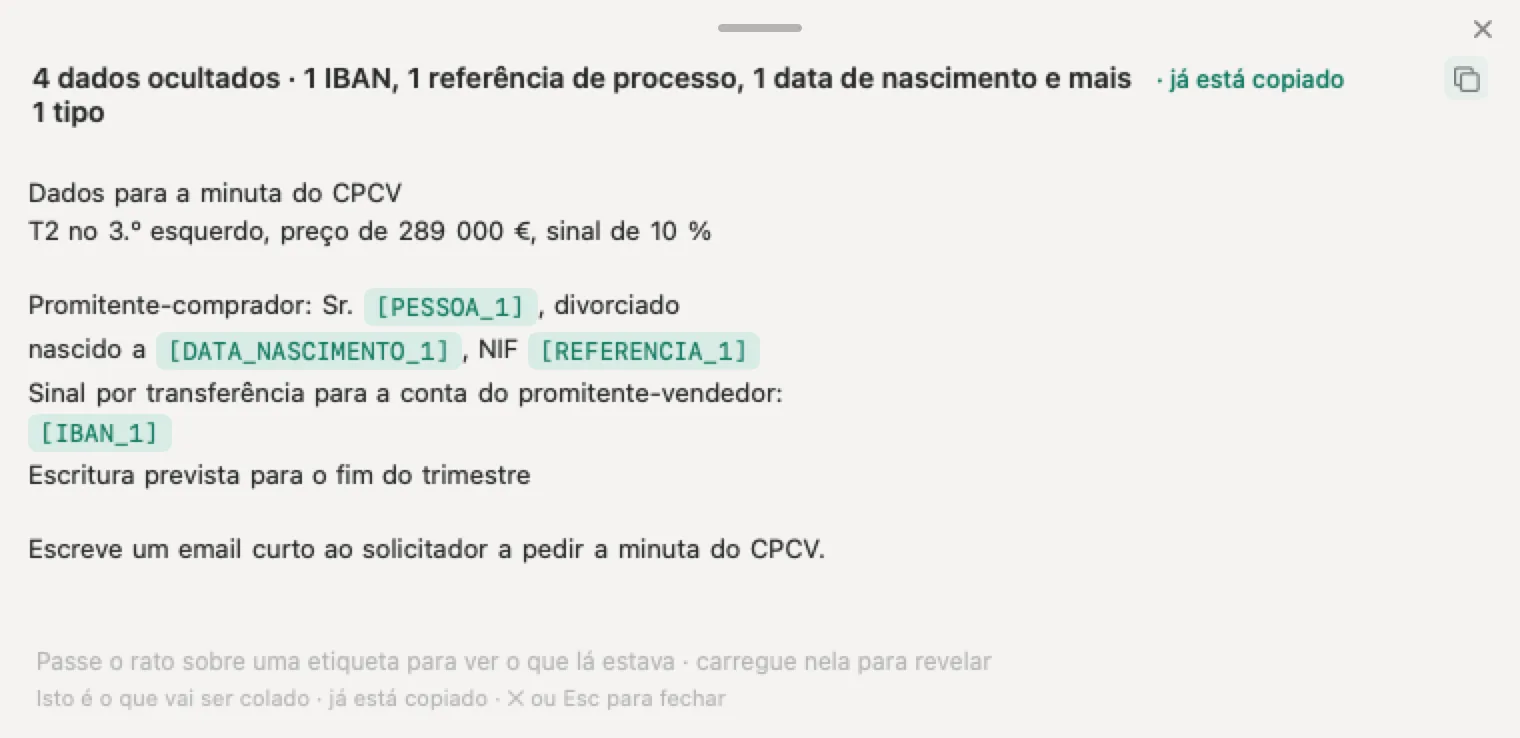 IA para imobiliárias com o Nonimo: dados inventados para a minuta de um CPCV com o nome do comprador, a data de nascimento, o NIF e o IBAN ocultados, e o preço e o sinal legíveis