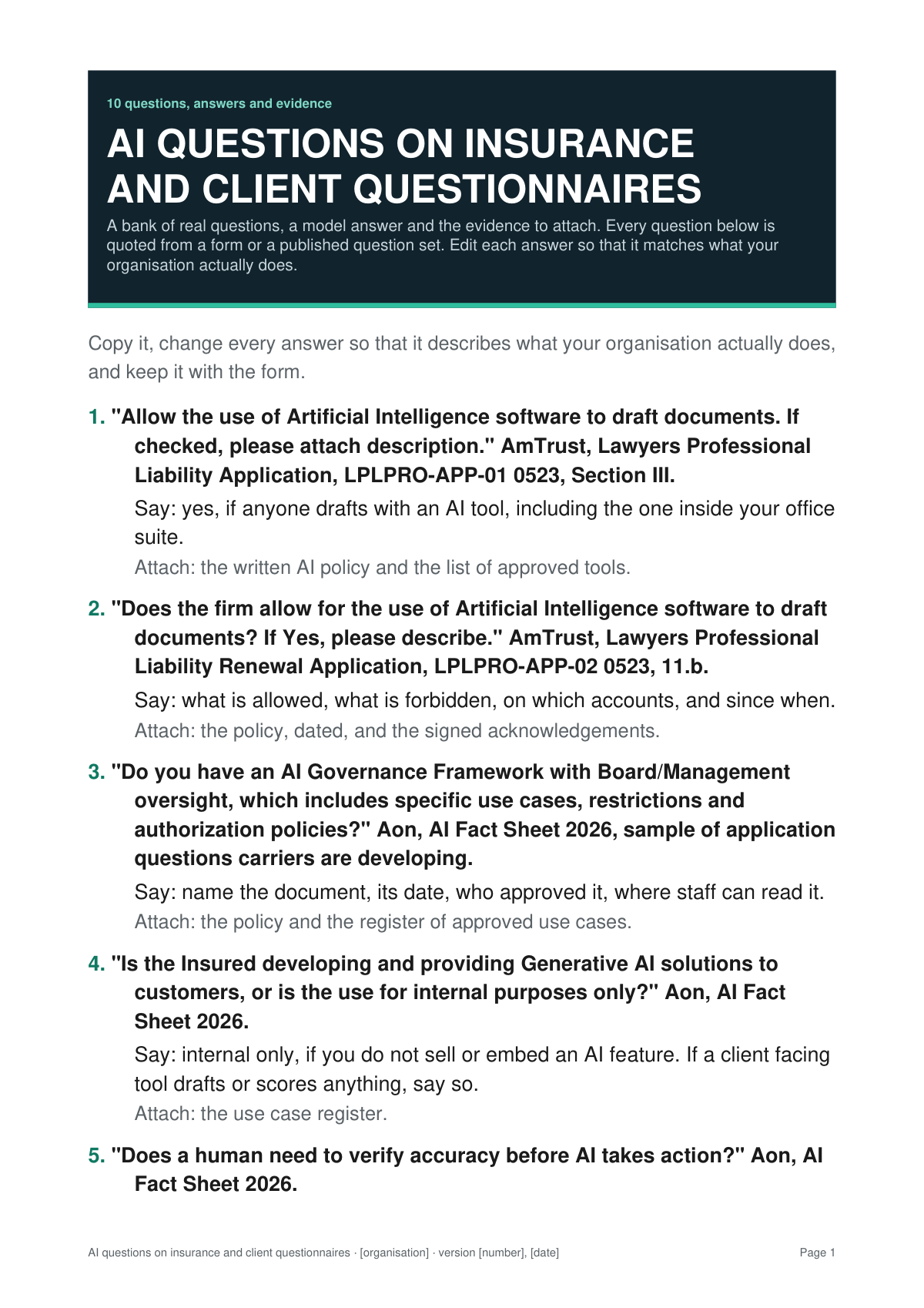 First page of the AI question bank, with the quoted questions, a model answer and the evidence to attach