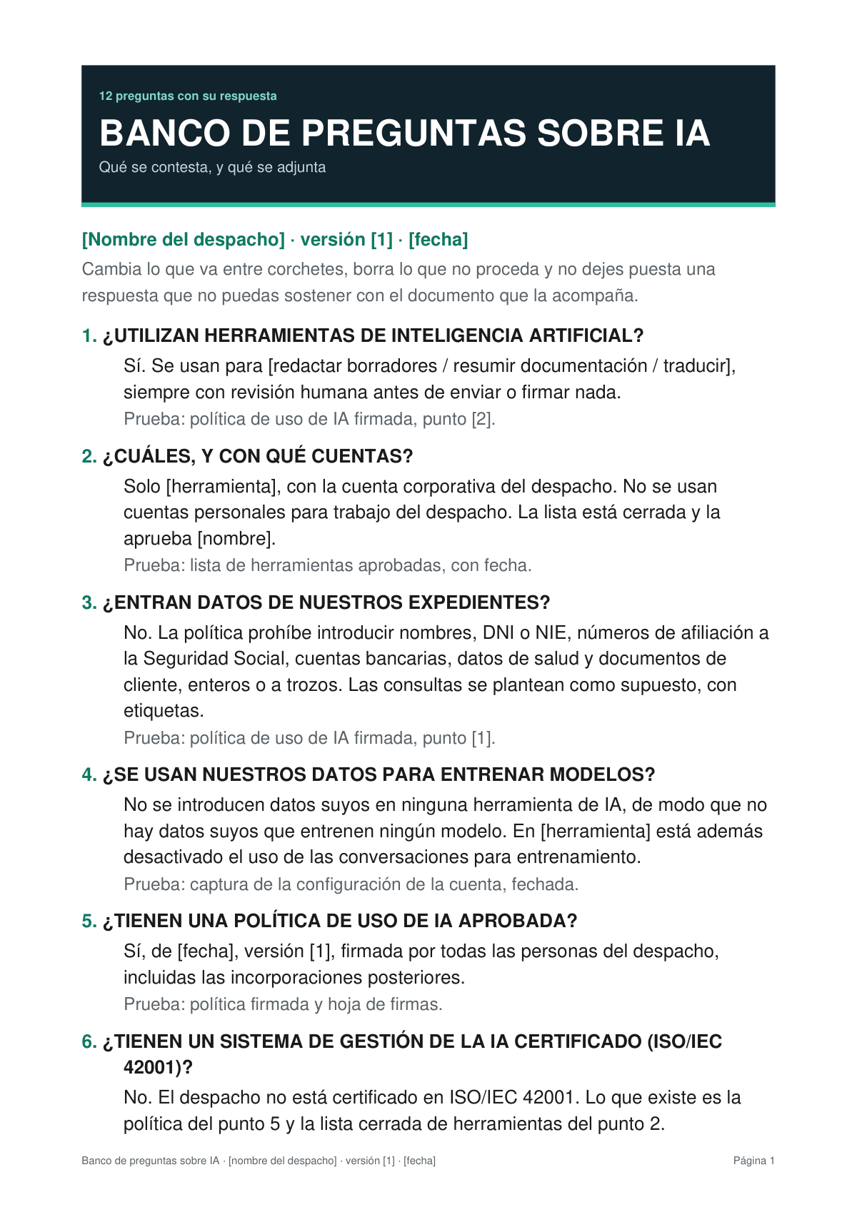 Primera página del banco de preguntas sobre IA, con las doce preguntas, su respuesta modelo y la prueba que se adjunta a cada una