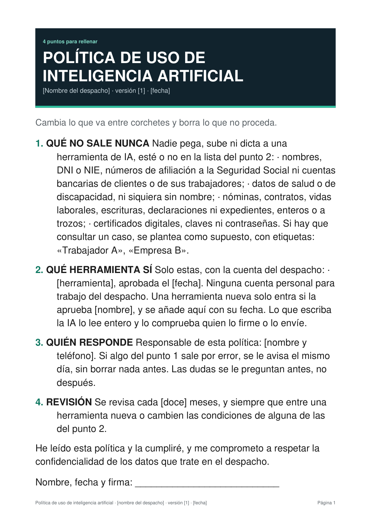 Primera página del modelo de política de uso de IA, con los cuatro puntos y el renglón de firma