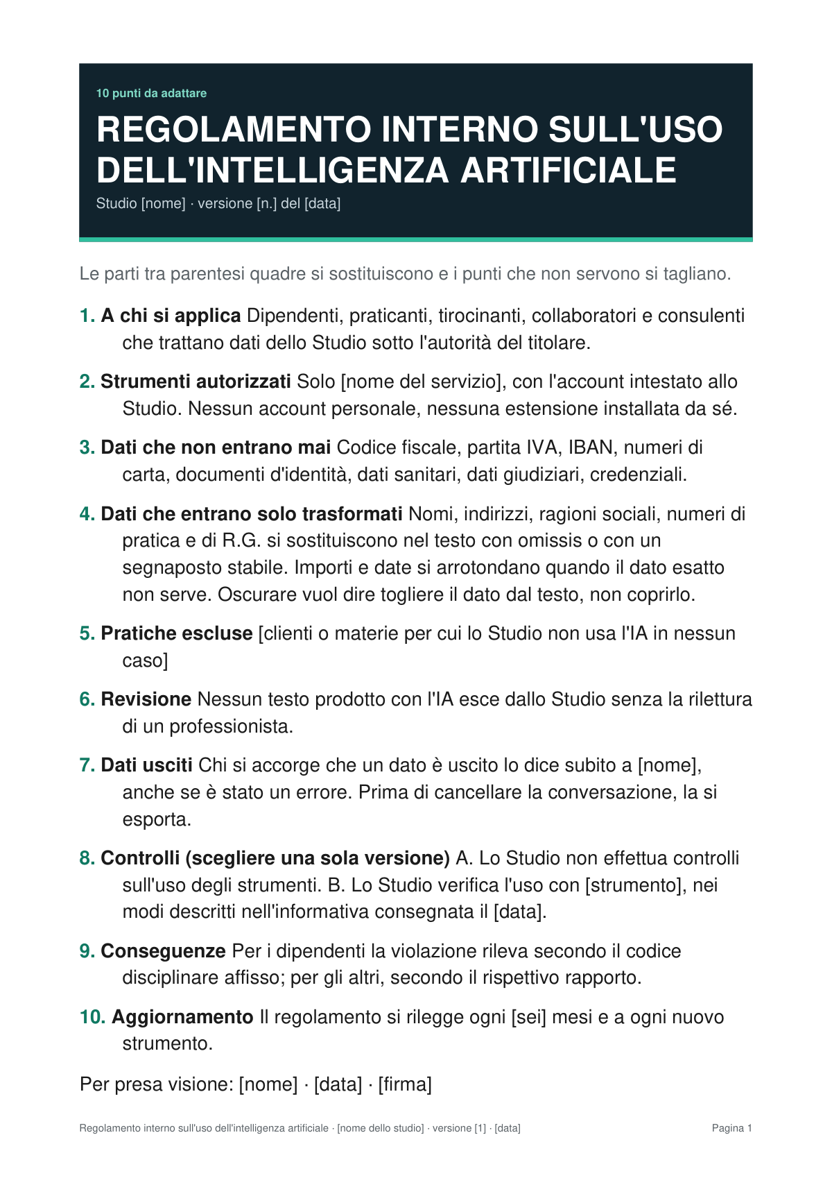 Prima pagina del modello di regolamento interno sull'uso dell'intelligenza artificiale, con i dieci punti da adattare