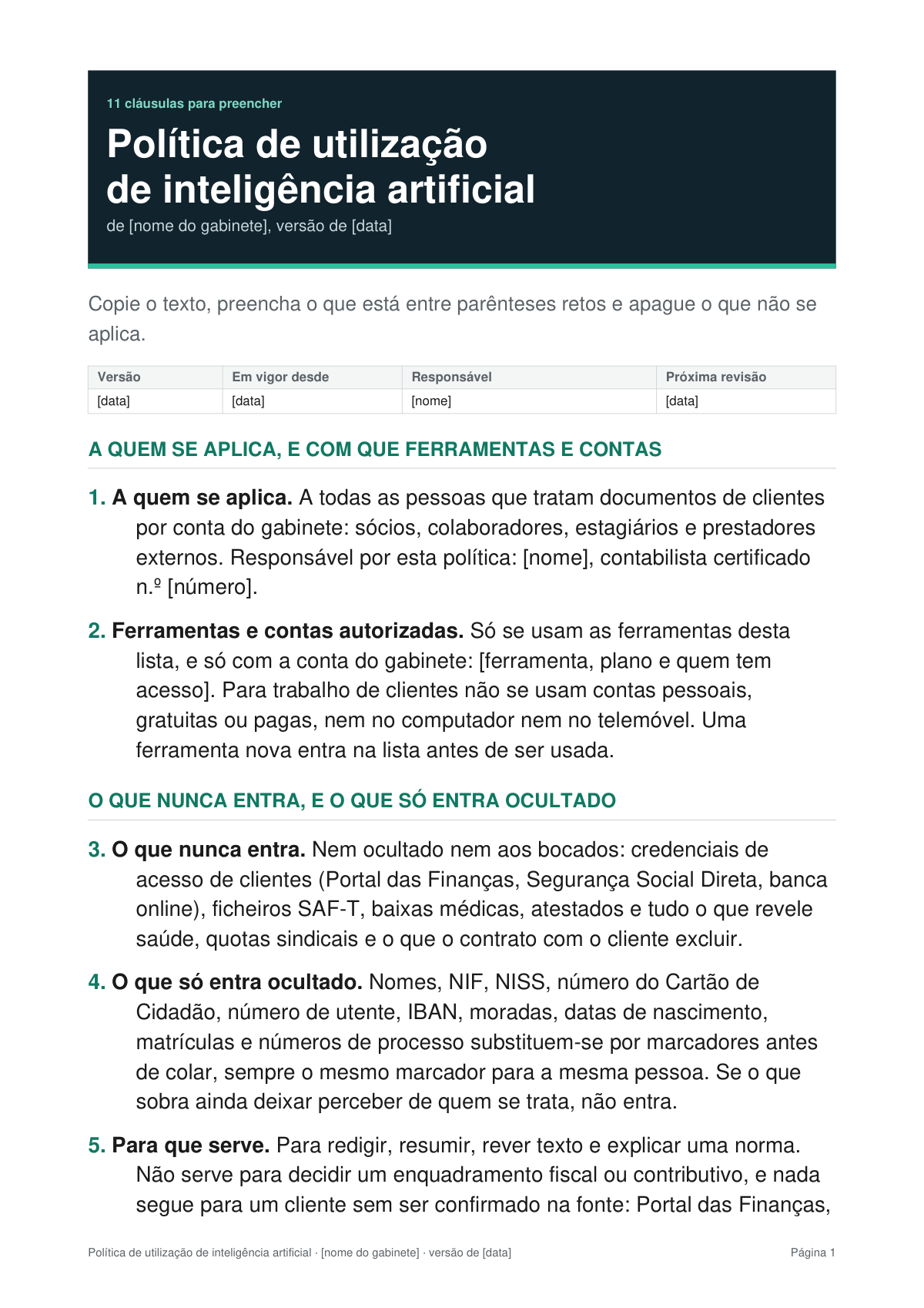 Primeira página do modelo de política de utilização de IA para gabinetes de contabilidade, com as cláusulas numeradas prontas a preencher